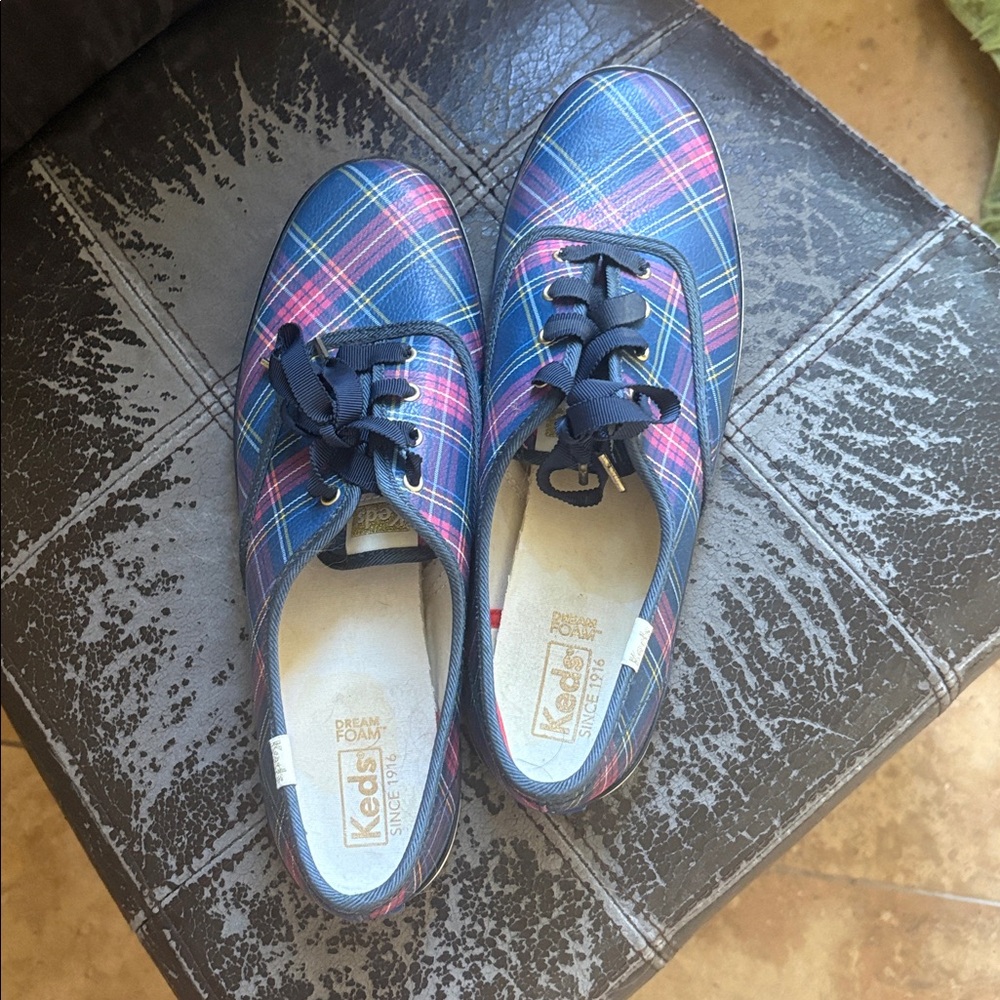Talbots x Keds Champion Plaid Leather Sneakers – Navy & Pink – Size 10 (Rare!)